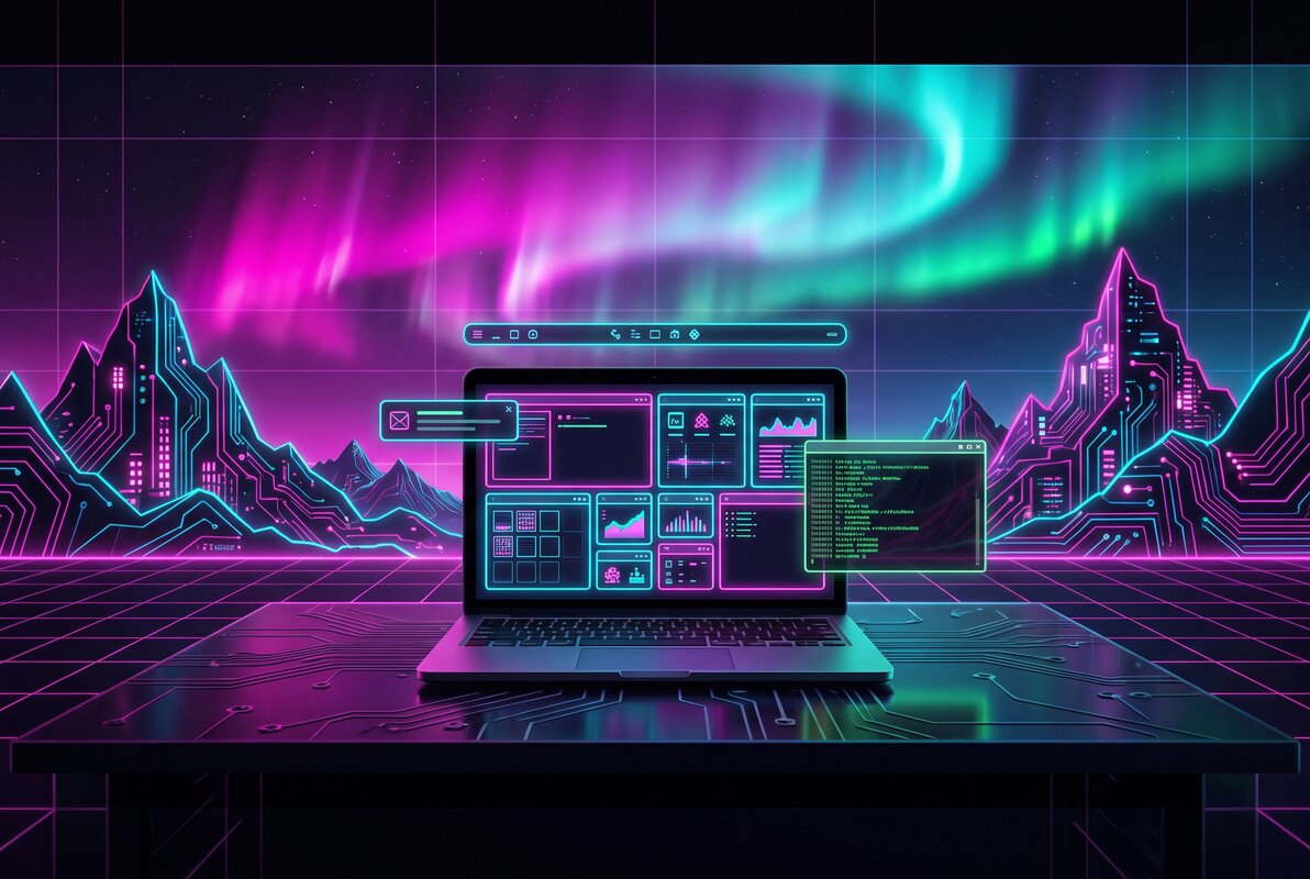 A laptop on a dark desk, its screen a tiled desktop of neon windows, floating bar and toast beside it, circuit mountains under a magenta and cyan aurora
