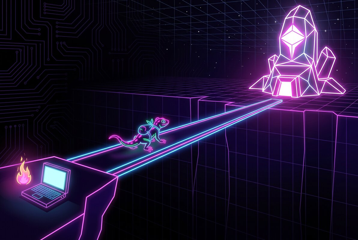 A small neon gecko carrying a bundle walks a thin bridge of light across a dark chasm, a laptop and a flame left behind on the near ledge, a huge crystalline machine glowing on the far side