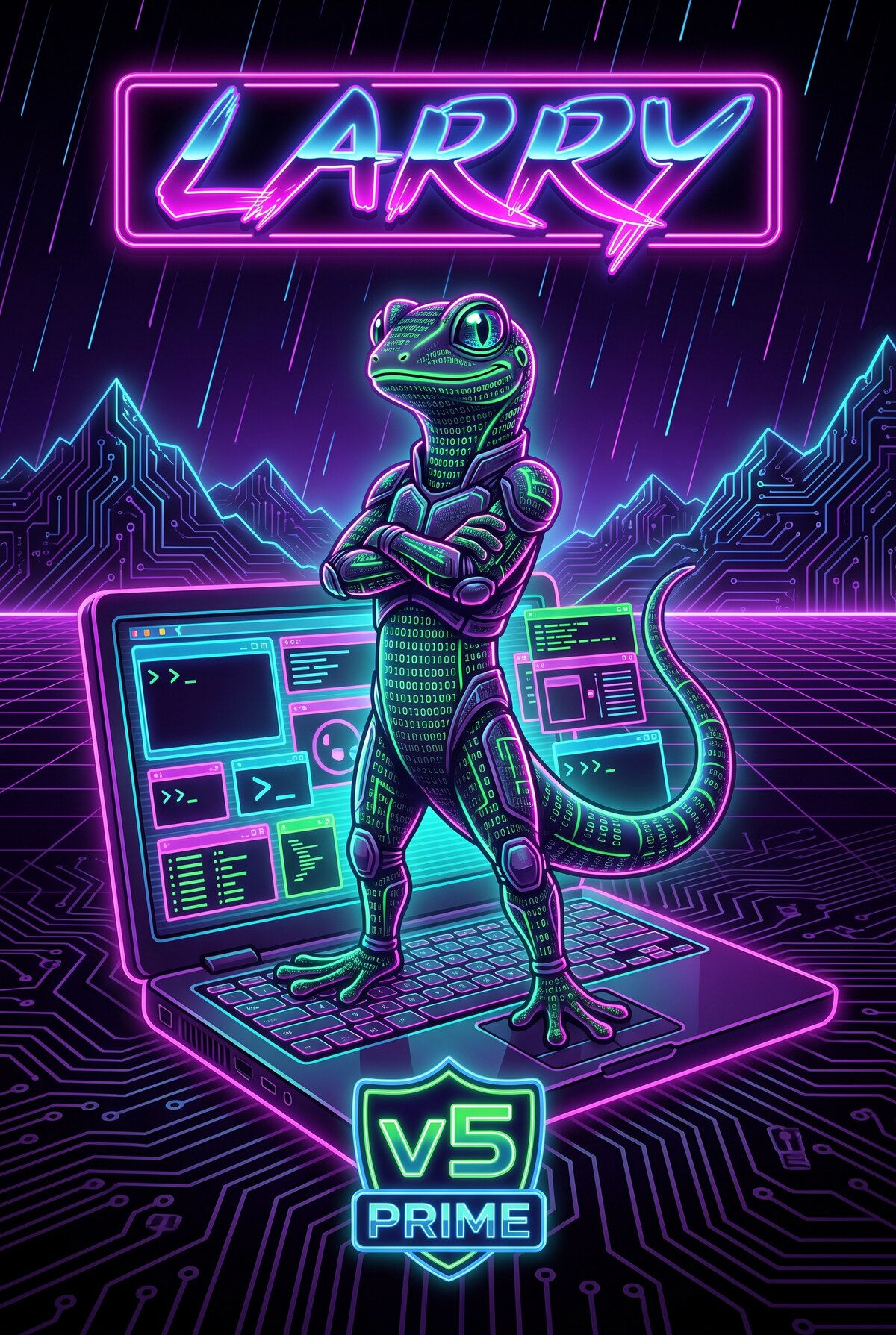 Larry v5: a neon gecko with code-textured skin standing arms crossed on an open laptop showing a tiled Linux desktop, under a LARRY neon sign and a v5 PRIME badge